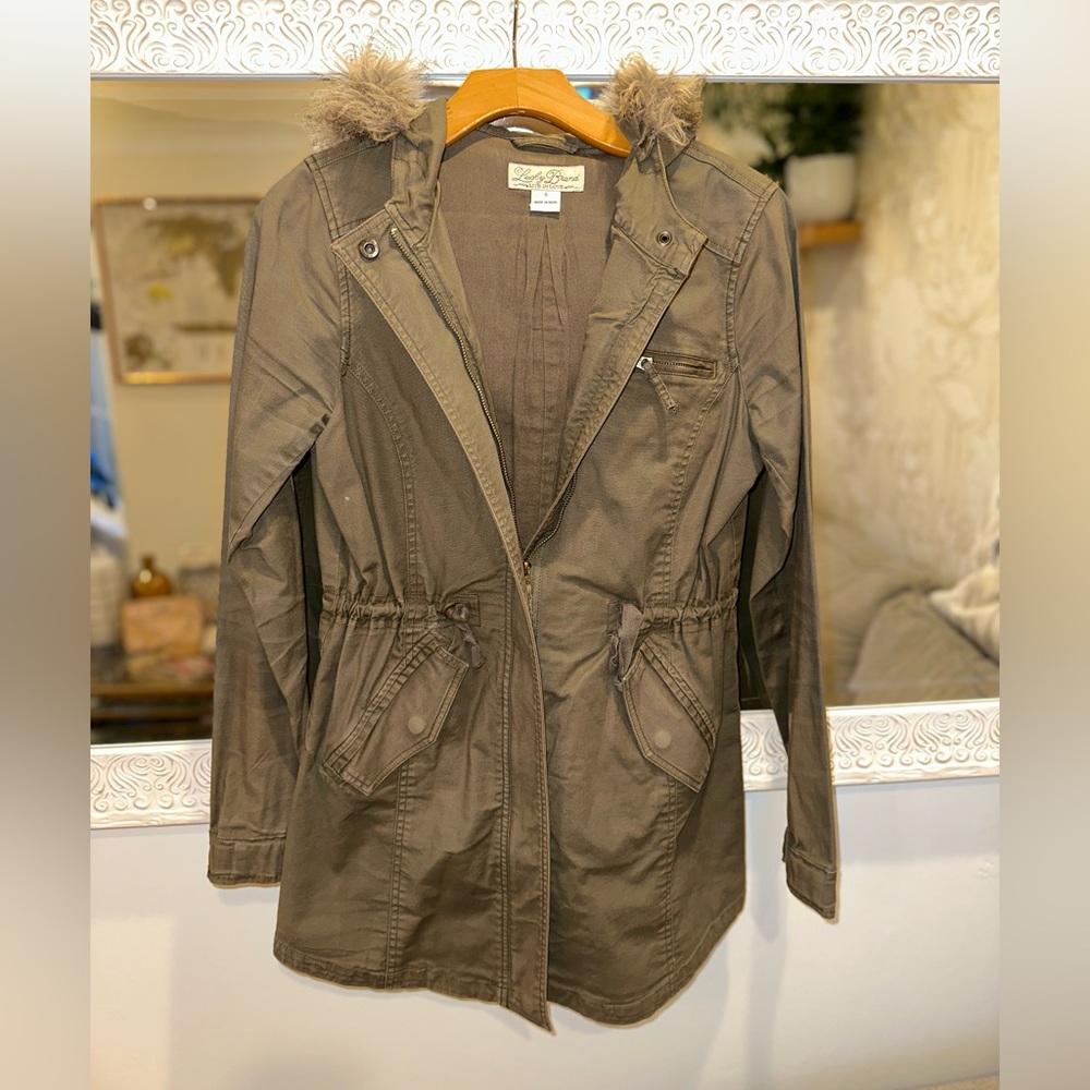Lucky Brand Utility Jacket Removable Faux Fur Hood Trim DRY CLEANED Army Green S